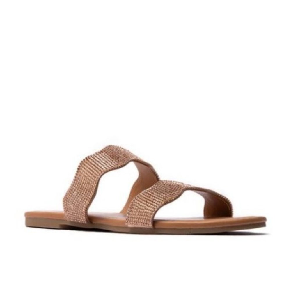 !! NEW !! Double Scalloped Strap Embellished Slide Sandals in Rose Gold - Picture 2 of 7